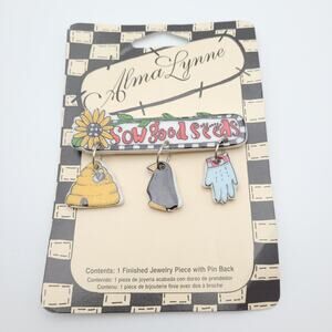 Vintage Novelty Brooch Pin Sow Good Seeds Spring Alma Lynne 1990's Crow Bees